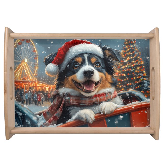 Australian Shepherd Dog Roller Coaster Christmas Serving Tray (Front)