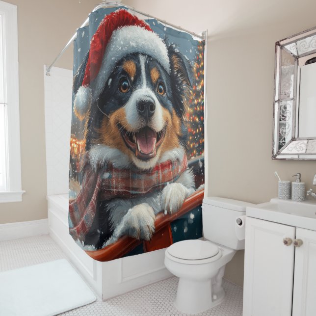 Australian Shepherd Dog Roller Coaster Christmas Shower Curtain (In Situ)