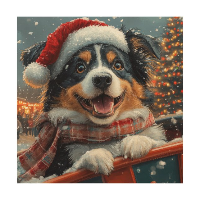 Australian Shepherd Dog Roller Coaster Christmas Wood Wall Art (Front)