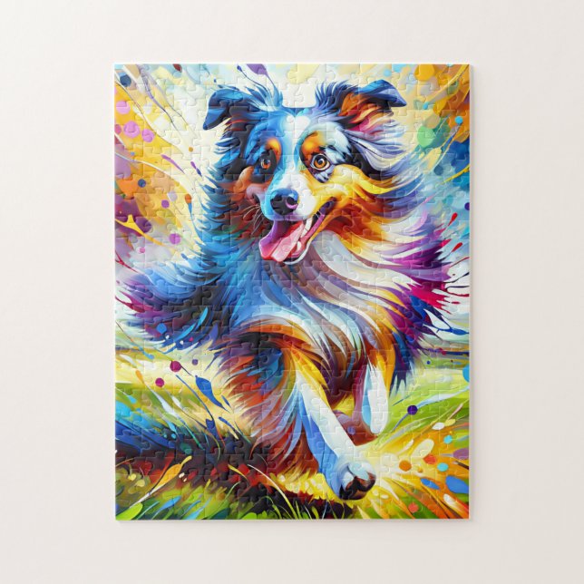 Australian Shepherd Dog Running Acrylic Art Print Jigsaw Puzzle (Vertical)