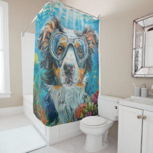 Australian Shepherd Dog Scuba Diving Underwater Shower Curtain