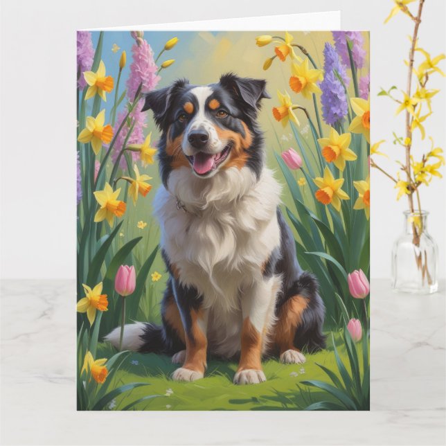 Australian Shepherd Dog Spring Flowers Painting Card (Yellow Flower)