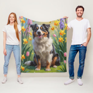 Australian Shepherd Dog Spring Flowers Painting Fleece Blanket
