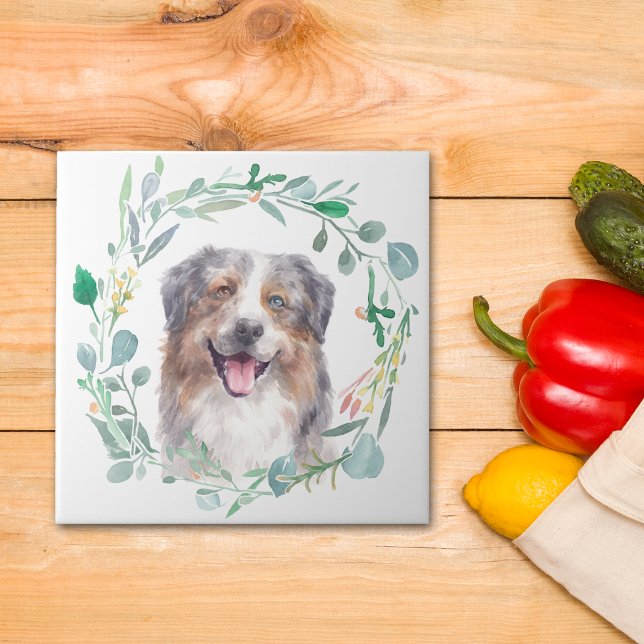 Australian Shepherd Dog Watercolor Wreath Ceramic Tile (Creator Uploaded)