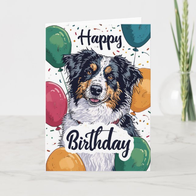 Australian Shepherd Dog with Balloons Birthday Card (Front)