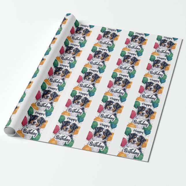 Australian Shepherd Dog with Balloons Birthday Wrapping Paper (Unrolled)