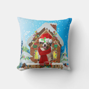 Australian Shepherd dog with Christmas gifts Throw Pillow