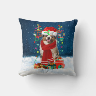 Australian Shepherd dog with Christmas gifts Throw Pillow