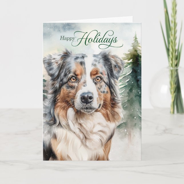 Australian Shepherd Dog Woodland Christmas Holiday Card (Front)