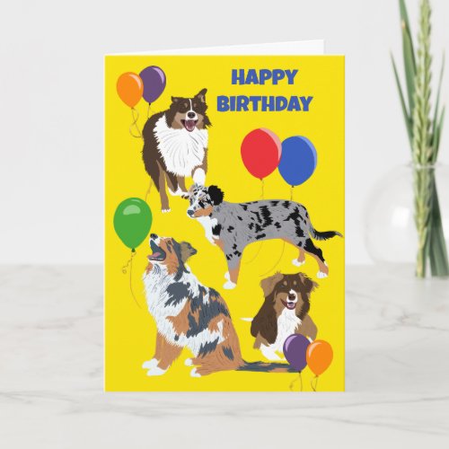 Australian Shepherd Dogs and Balloons Birthday Card
