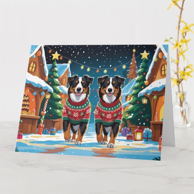 Australian Shepherd Dogs Christmas Snow Holiday Card (Yellow Flower)