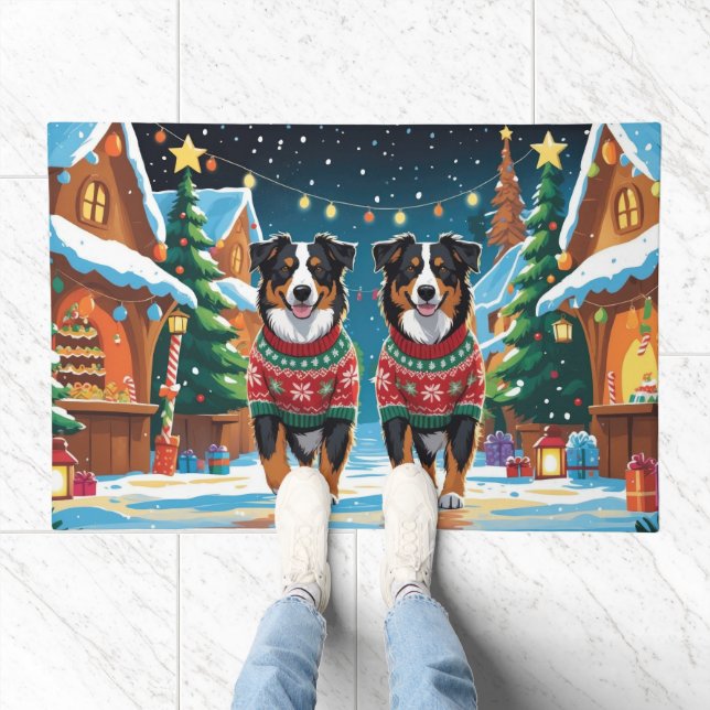 Australian Shepherd Dogs Christmas Snow Holiday Doormat (Indoor)