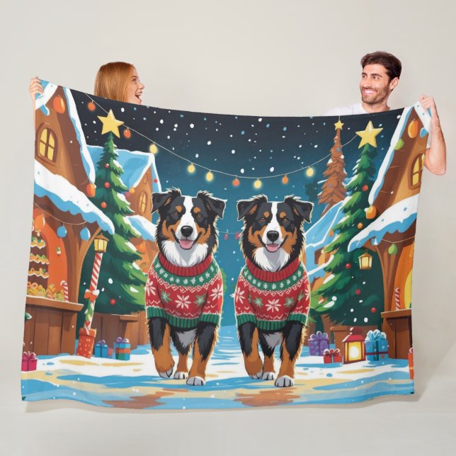 Australian Shepherd Dogs Christmas Snow Holiday Fleece Blanket (In Situ)