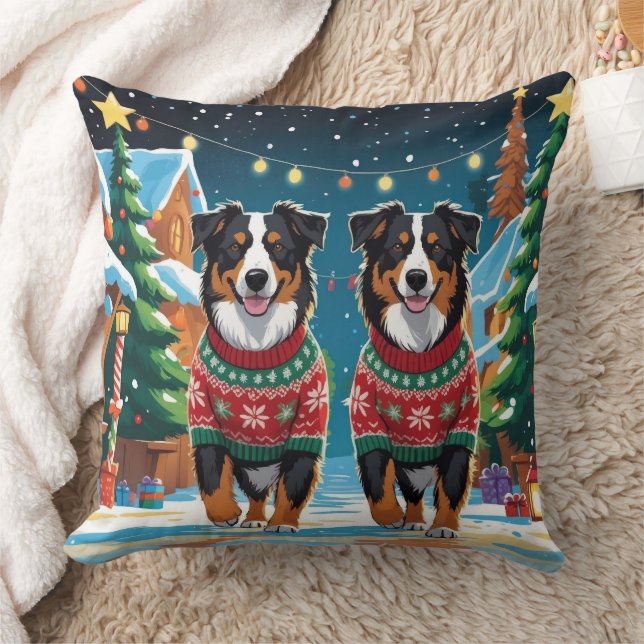 Australian Shepherd Dogs Christmas Snow Holiday Throw Pillow (Blanket)