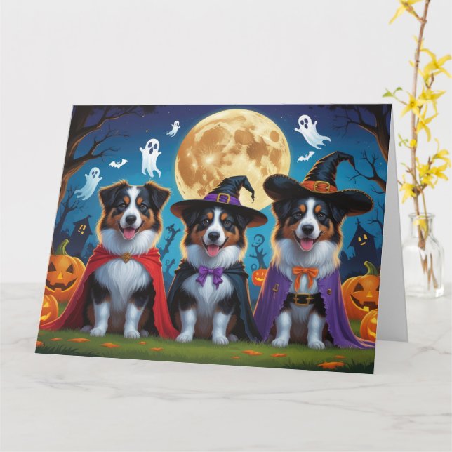 Australian Shepherd Dogs Pumpkin Halloween Funny Card (Yellow Flower)