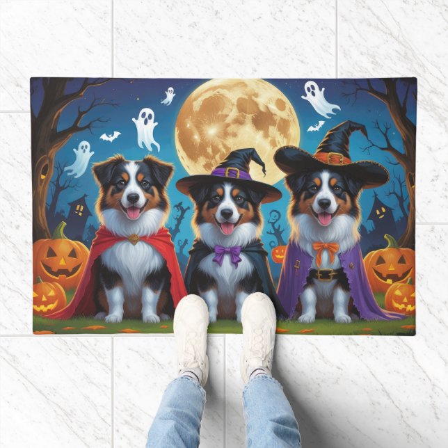 Australian Shepherd Dogs Pumpkin Halloween Funny Doormat (Indoor)