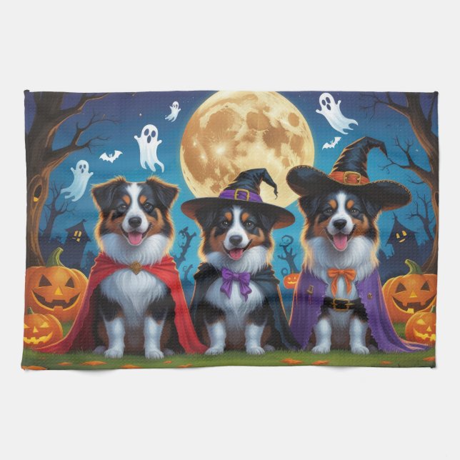 Australian Shepherd Dogs Pumpkin Halloween Funny Kitchen Towel (Horizontal)
