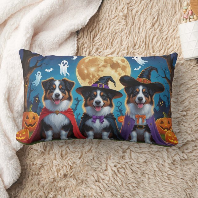 Australian Shepherd Dogs Pumpkin Halloween Funny Lumbar Pillow (Blanket)