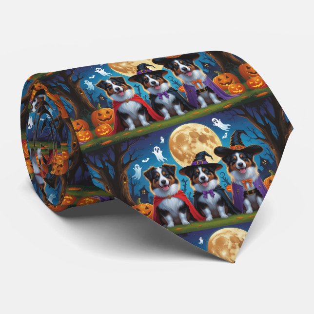 Australian Shepherd Dogs Pumpkin Halloween Funny Neck Tie (Rolled)