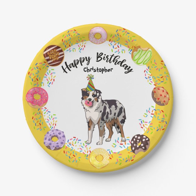 Australian Shepherd Donut Birthday Party Plate (Front)