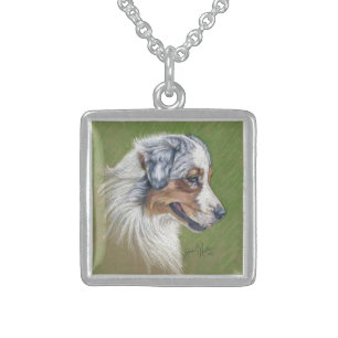 Australian Shepherd Drawing Sterling Silver Necklace