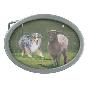 Australian Shepherd ~ Fetch Vert Oil Painting Belt Buckle