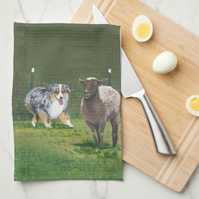 Australian Shepherd ~ Fetch Vert Oil Painting Towel (Quarter Fold)