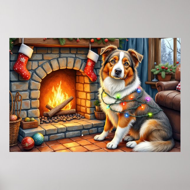 Australian Shepherd Fireplace with Christmas Light Poster (Front)