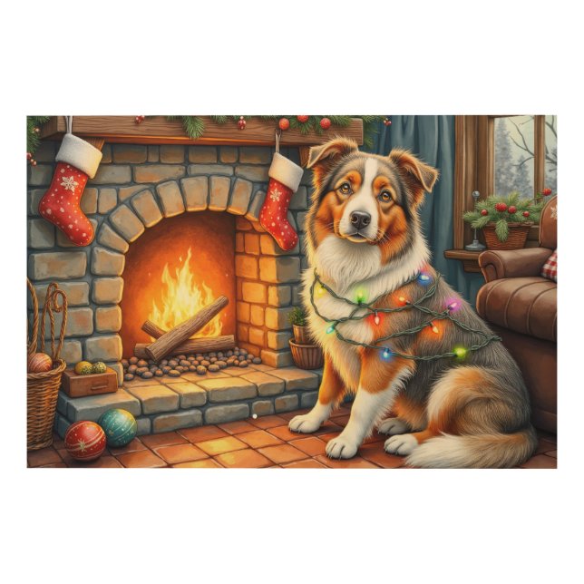 Australian Shepherd Fireplace with Christmas Light Wood Wall Art (Front)