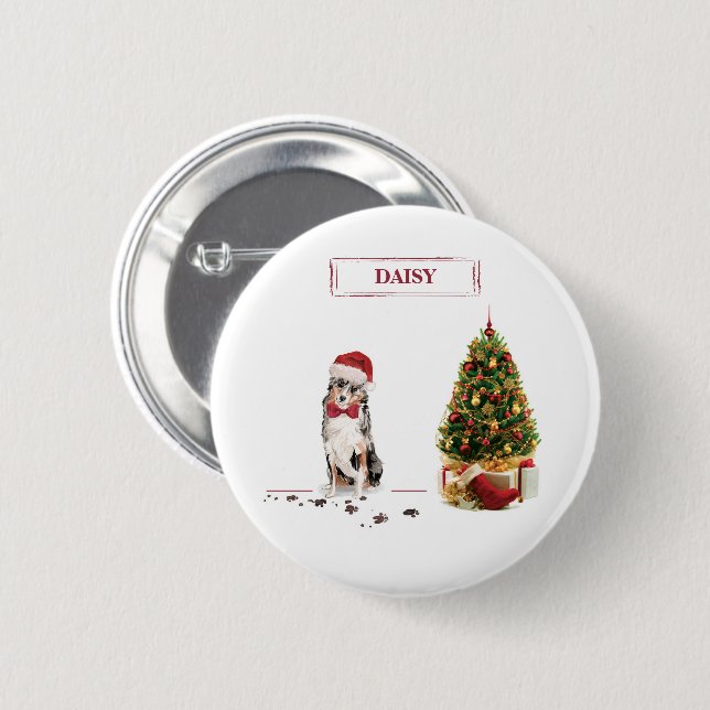 Australian Shepherd Funny Christmas Dog with Tree Button (Front & Back)