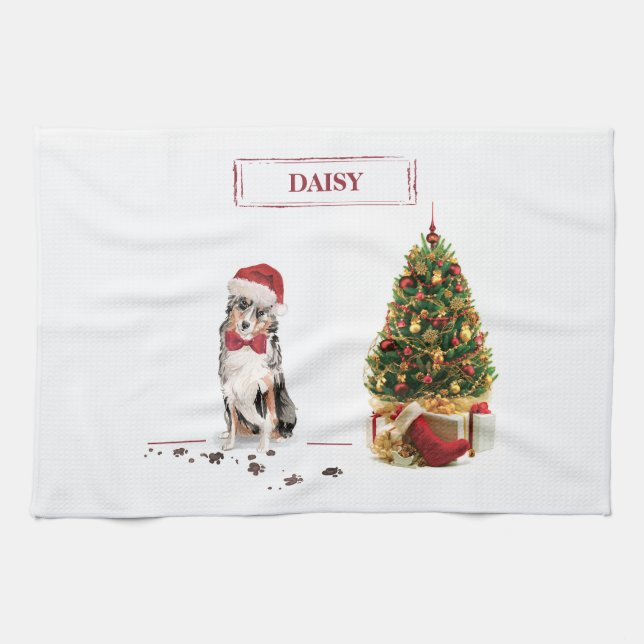 Australian Shepherd Funny Christmas Dog with Tree Kitchen Towel (Horizontal)