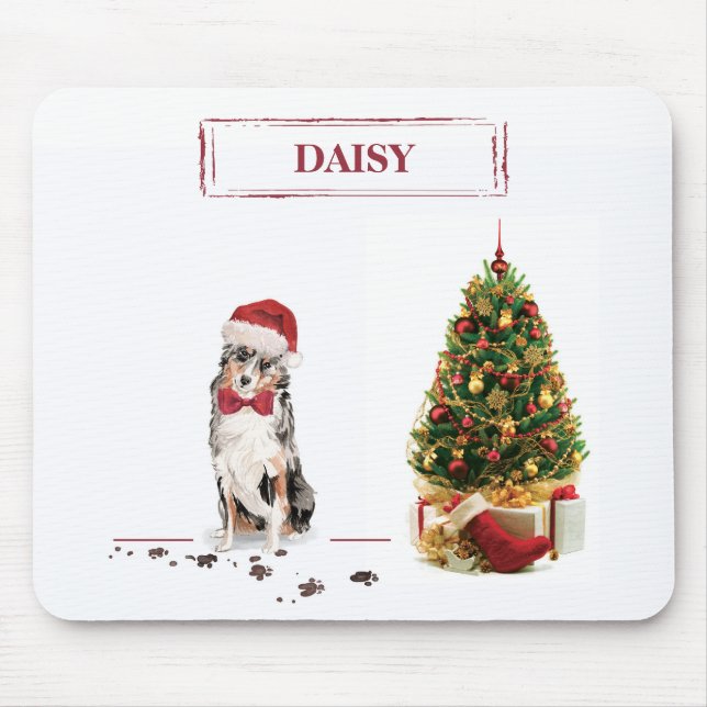 Australian Shepherd Funny Christmas Dog with Tree Mouse Pad (Front)