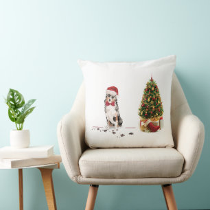 Australian Shepherd Funny Christmas Dog with Tree Throw Pillow