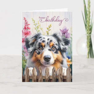 Australian Shepherd Garden Fence Birthday Card