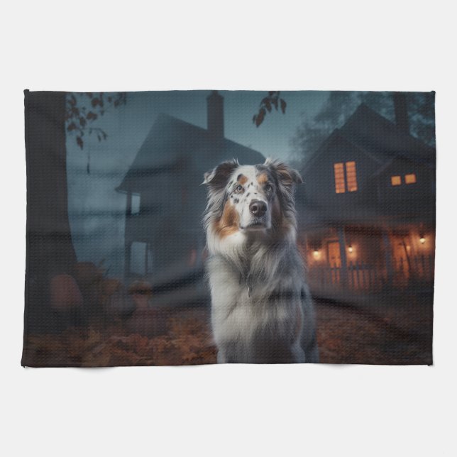 Australian Shepherd Halloween Scary Kitchen Towel (Horizontal)