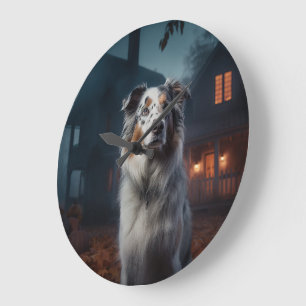 Australian Shepherd Halloween Scary Large Clock
