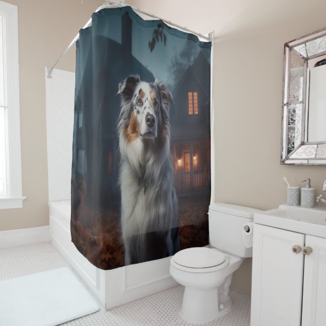 Australian Shepherd Halloween Scary Shower Curtain (In Situ)