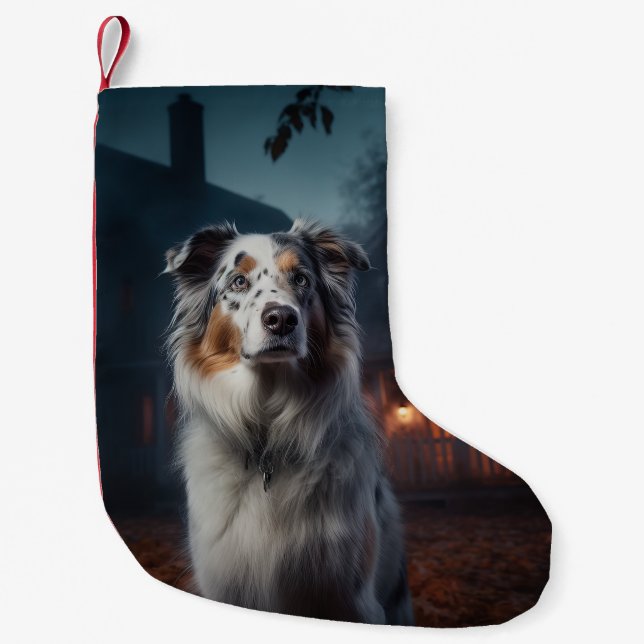 Australian Shepherd Halloween Scary Small Christmas Stocking (Front)