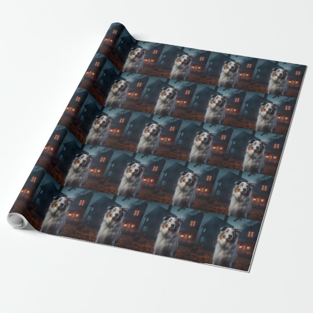 Australian Shepherd Halloween Scary Wrapping Paper (Unrolled)