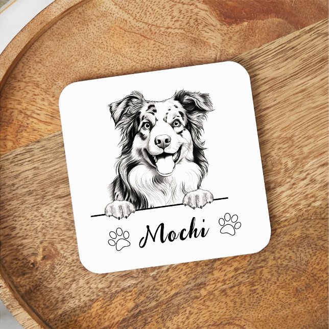 Australian Shepherd Hand Drawing Personalized Square Paper Coaster (Creator Uploaded)