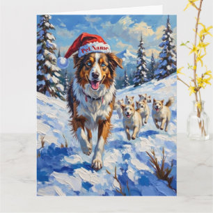 Australian Shepherd Herding Snowballs with Santa Card