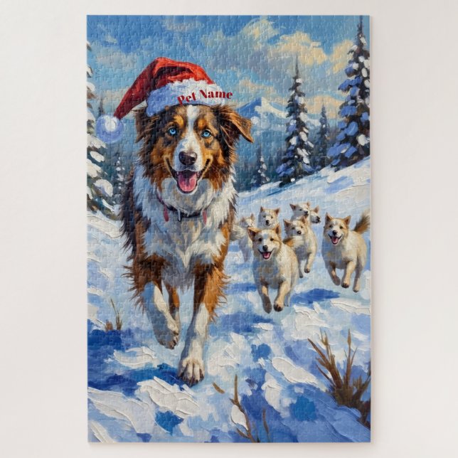 Australian Shepherd Herding Snowballs with Santa Jigsaw Puzzle (Vertical)