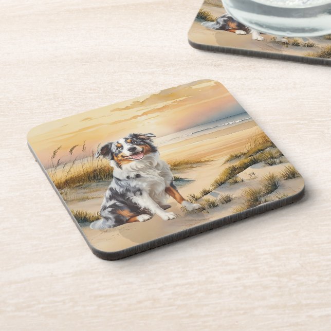 Australian Shepherd in a Beach Cove Beverage Coaster (Left Side)