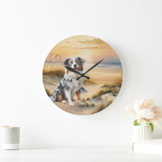 Australian Shepherd in a Beach Cove Large Clock