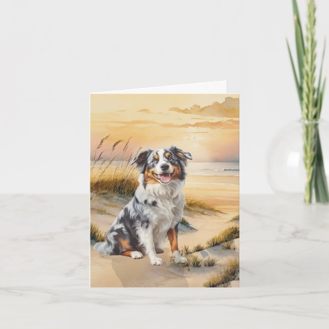 Australian Shepherd in a Beach Cove Note Card (Front)