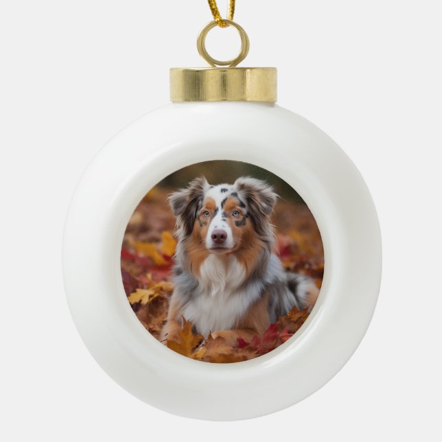 Australian Shepherd  in Autumn Leaves Fall Inspire Ceramic Ball Christmas Ornament (Front)