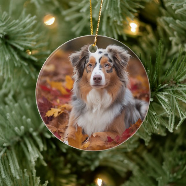 Australian Shepherd  in Autumn Leaves Fall Inspire Ceramic Ornament (Tree)