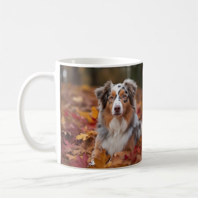 Australian Shepherd  in Autumn Leaves Fall Inspire Coffee Mug (Left)