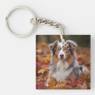 Australian Shepherd  in Autumn Leaves Fall Inspire Keychain