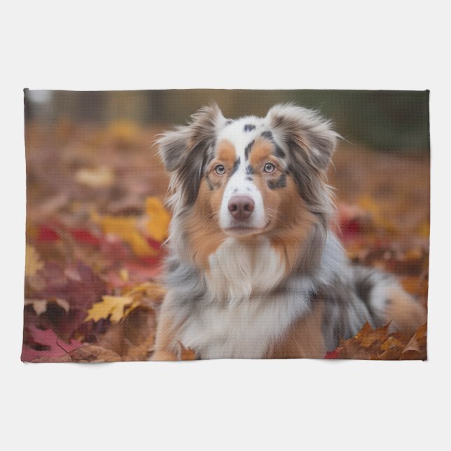 Australian Shepherd  in Autumn Leaves Fall Inspire Kitchen Towel (Horizontal)